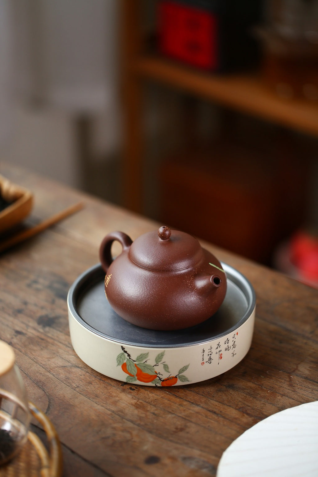 证书配套齐全 【名称】扁文旦（泥绘）【容量】230CC 【泥料】原矿紫泥 【作者】许响新（国家级助理工艺美术师） - ZishaTeapotChina