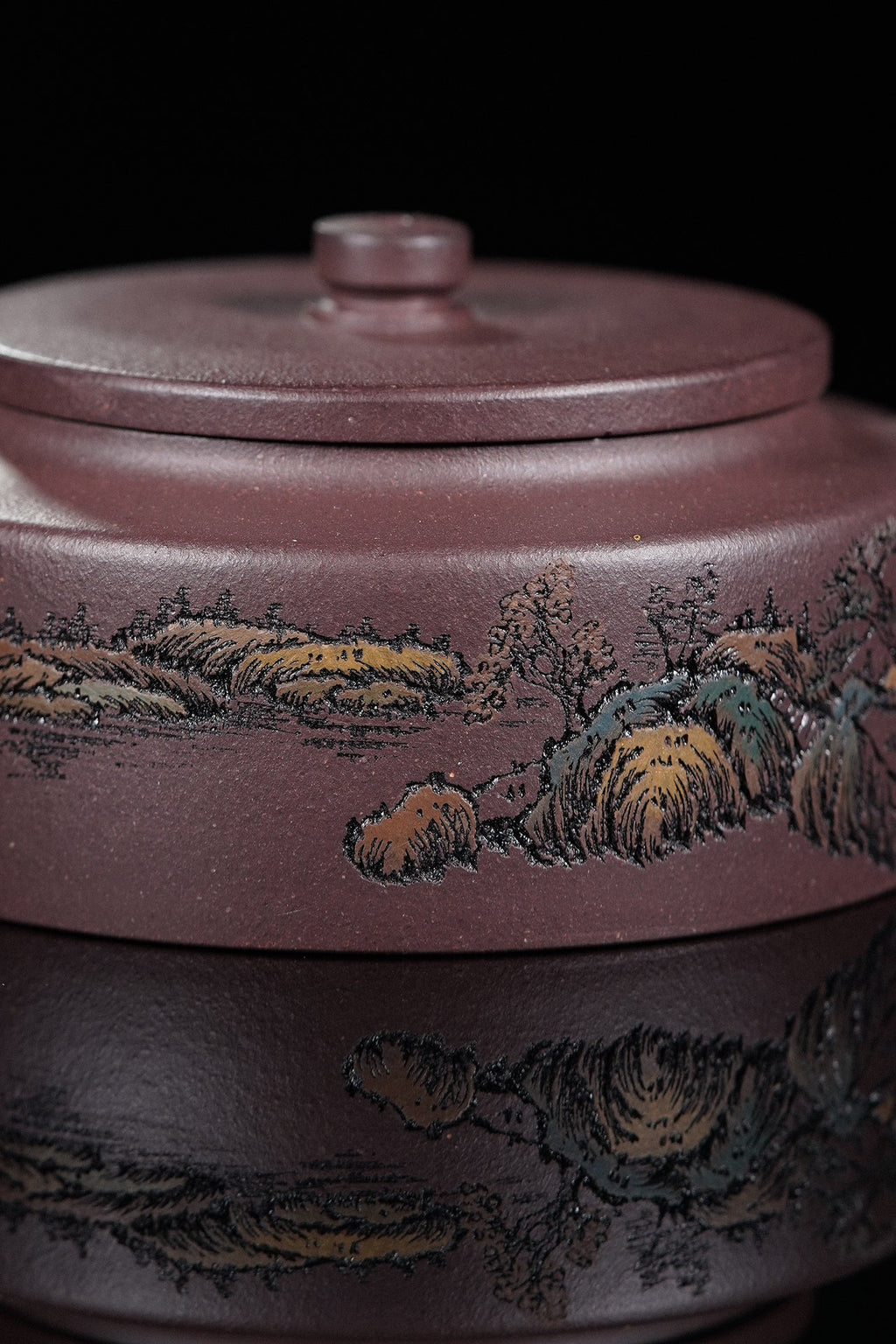 紫砂界彩刻山水标杆·李峰大师｜恭王府馆藏臻品《周盘壶》原矿优质老紫泥·180cc