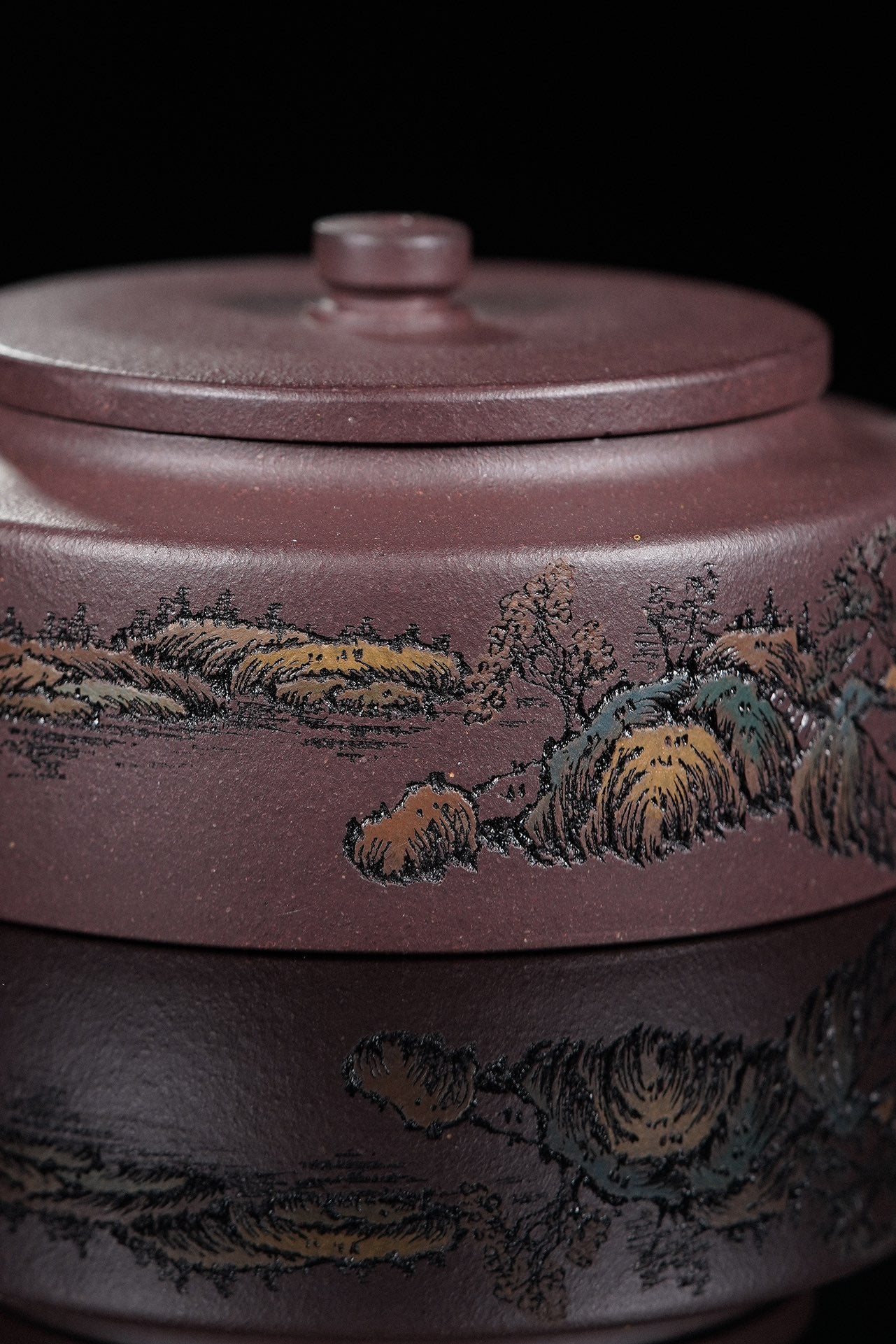 紫砂界彩刻山水标杆·李峰大师｜恭王府馆藏臻品《周盘壶》原矿优质老紫泥·180cc