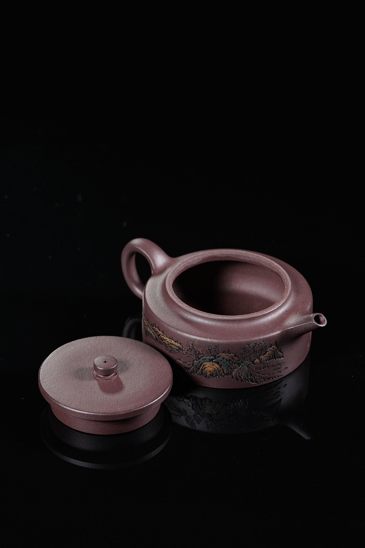 紫砂界彩刻山水标杆·李峰大师｜恭王府馆藏臻品《周盘壶》原矿优质老紫泥·180cc