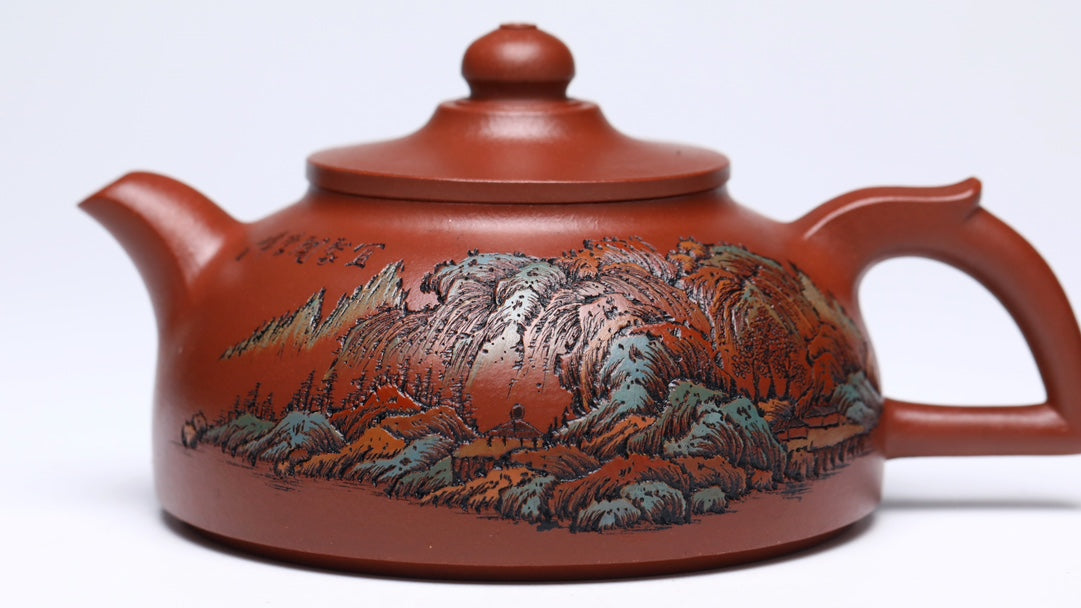 紫砂界彩刻山水标杆·李峰大师｜恭王府馆藏臻品《天笠壶》原矿优质底槽清·450cc
