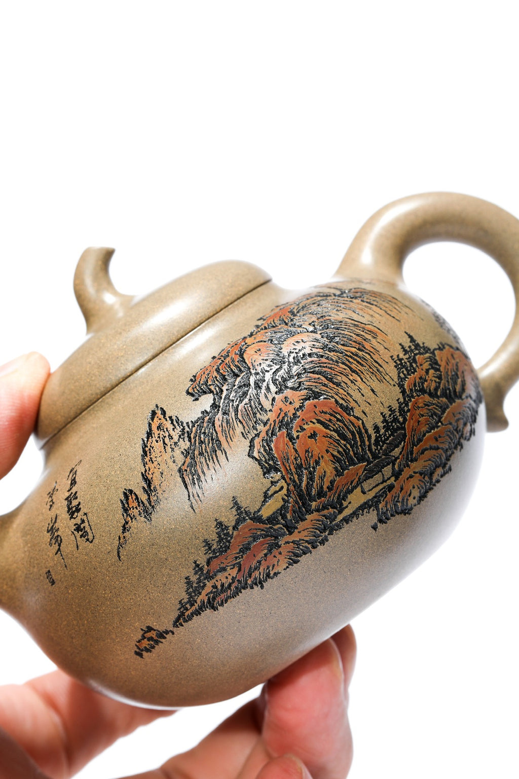 紫砂界彩刻山水标杆·李峰大师｜恭王府馆藏臻品·大拍18万同系列《茄段壶》原矿优质青段泥·230cc