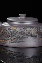 紫砂界彩刻山水标杆·李峰大师｜恭王府馆藏臻品《周盘壶》原矿优质天清泥·260cc