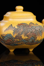 紫砂界彩刻山水标杆·李峰大师｜恭王府馆藏臻品《传炉壶》原矿优质黄金段·300cc