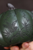 《南瓜壶》 国家级工艺美术师 鲍玉华 原矿家藏老绿泥，400cc，并列10孔出水