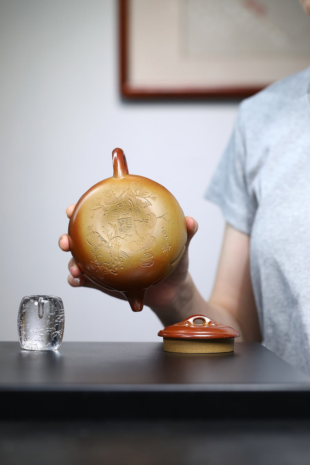 《仿古如意》 国家级工艺美术师 鲍玉华 鲍生泰百年冷金黄古法渐变烧，330cc，菱形9孔出水