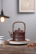 《雅竹提梁》 国家级工艺美术师 鲍玉华 原矿家藏老紫泥，340cc，菱形9孔出水