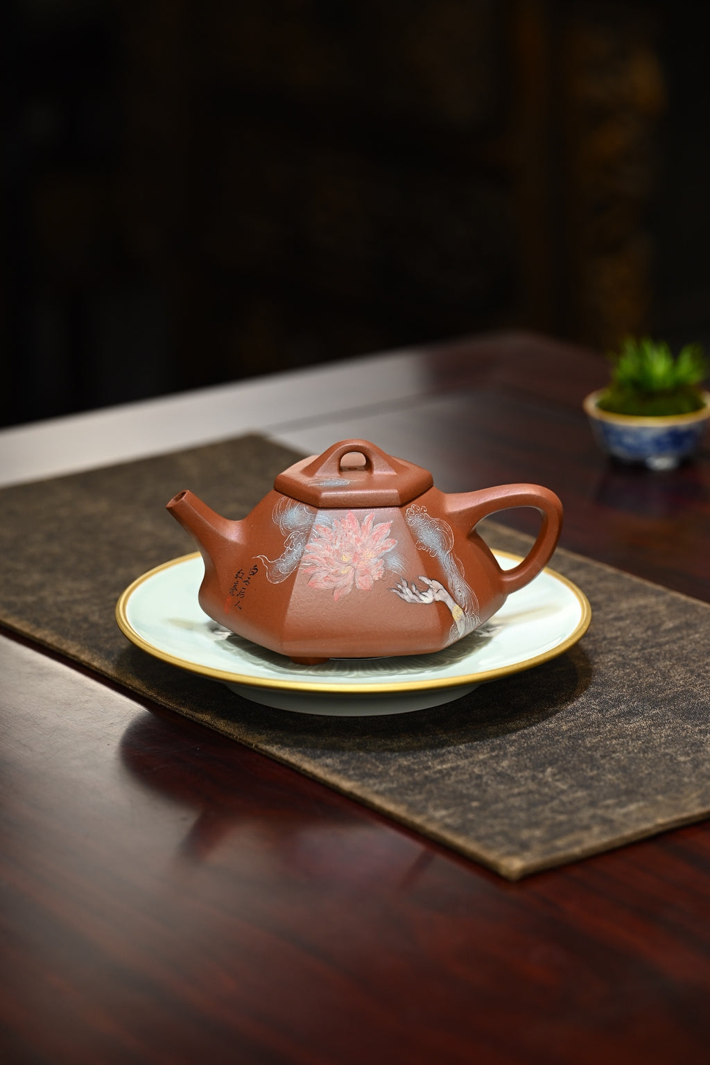 六方石瓢·全手工 （双证书）高工蒋锡坤作品 /中央美院教授李洪亮装饰 /容量300cc/景舟红泥