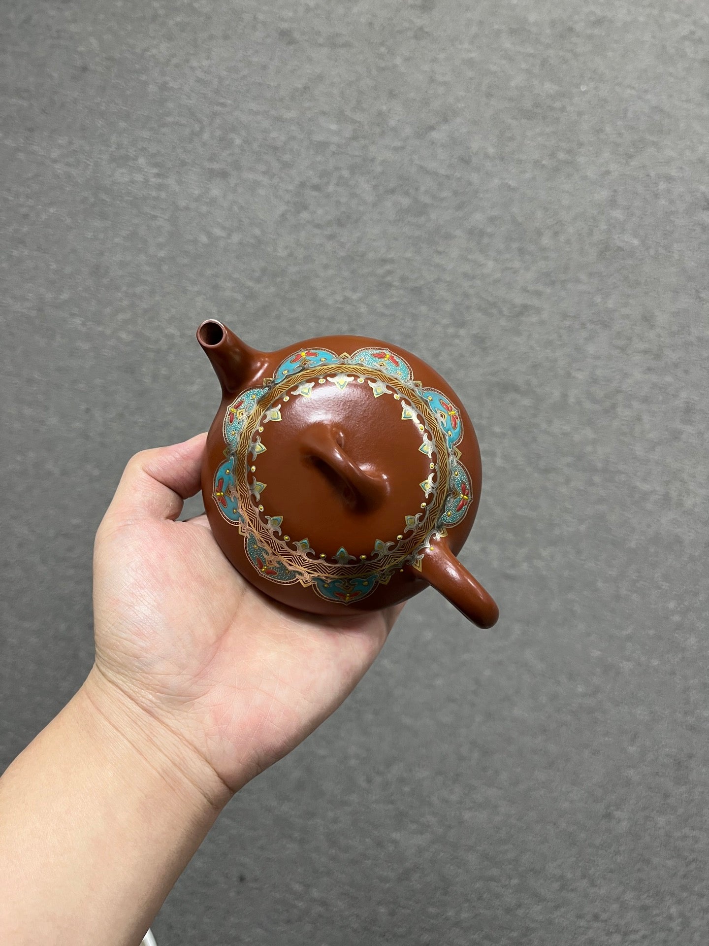 实拍【汉棠石瓢】 原矿极品朱泥·270cc·14孔  富贵且高贵，重工金银错加手工珐琅彩装饰