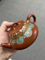 实拍【汉棠石瓢】 原矿极品朱泥·270cc·14孔  富贵且高贵，重工金银错加手工珐琅彩装饰