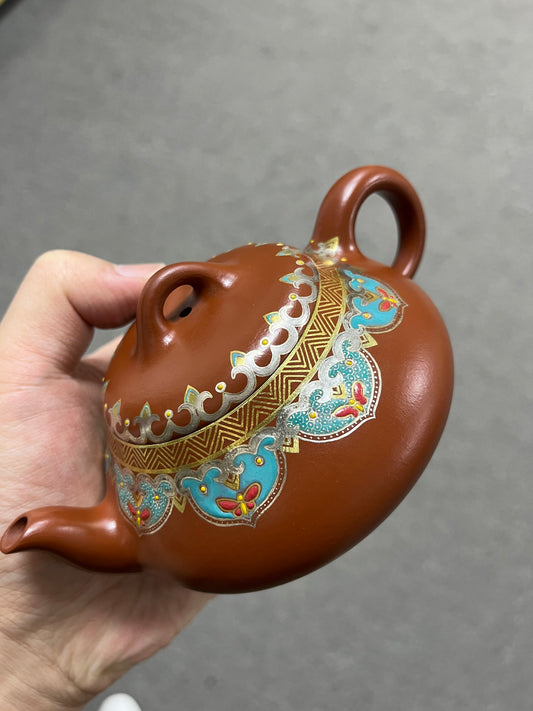 实拍【汉棠石瓢】 原矿极品朱泥·270cc·14孔  富贵且高贵，重工金银错加手工珐琅彩装饰
