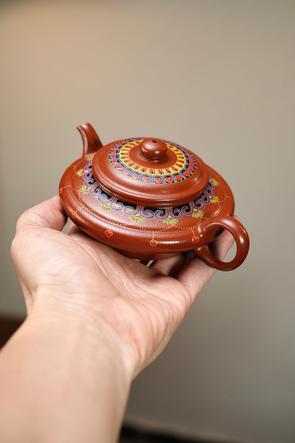 珐琅彩重工装饰【虚扁·摹古】 原矿极品朱泥·200cc·内推孔