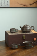 双线竹鼓套组·全手工 高工蒋锡坤作品 /容量300cc/深井老紫泥