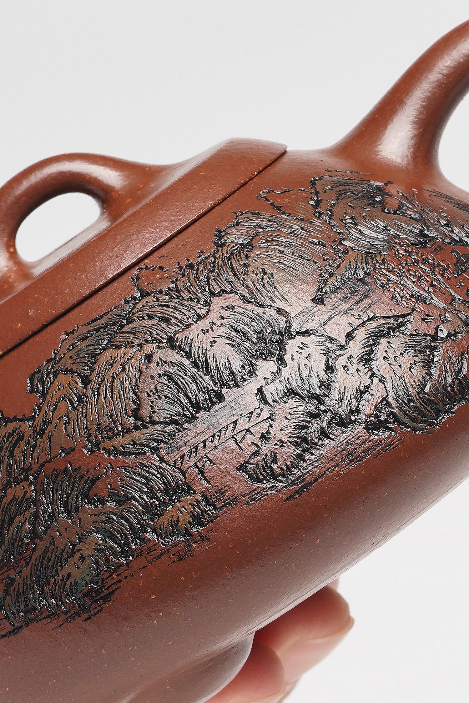 紫砂界彩刻山水标杆·李峰大师｜恭王府馆藏臻品《石瓢壶》原矿优质底槽清·200cc