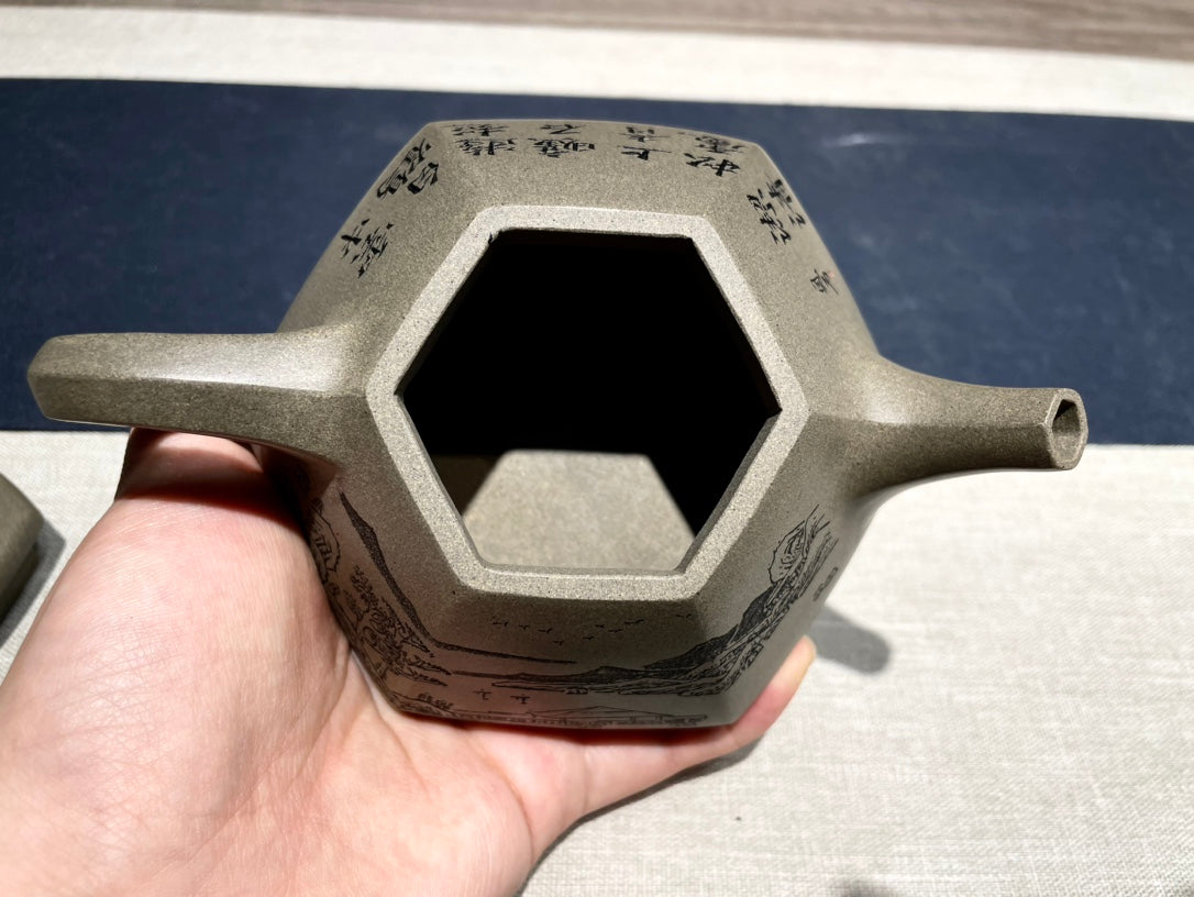 收藏重器【六方石瓢】泥料：原矿一厂鲨皮青 容量：320cc 作者：钱云娇 国家级工艺美术师