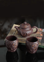 专注紫砂龙壶三十年【双龙戏珠套组】高性价比精品 原矿紫茄泥· 240cc·小杯130cc原创紫砂手艺人·朱红景