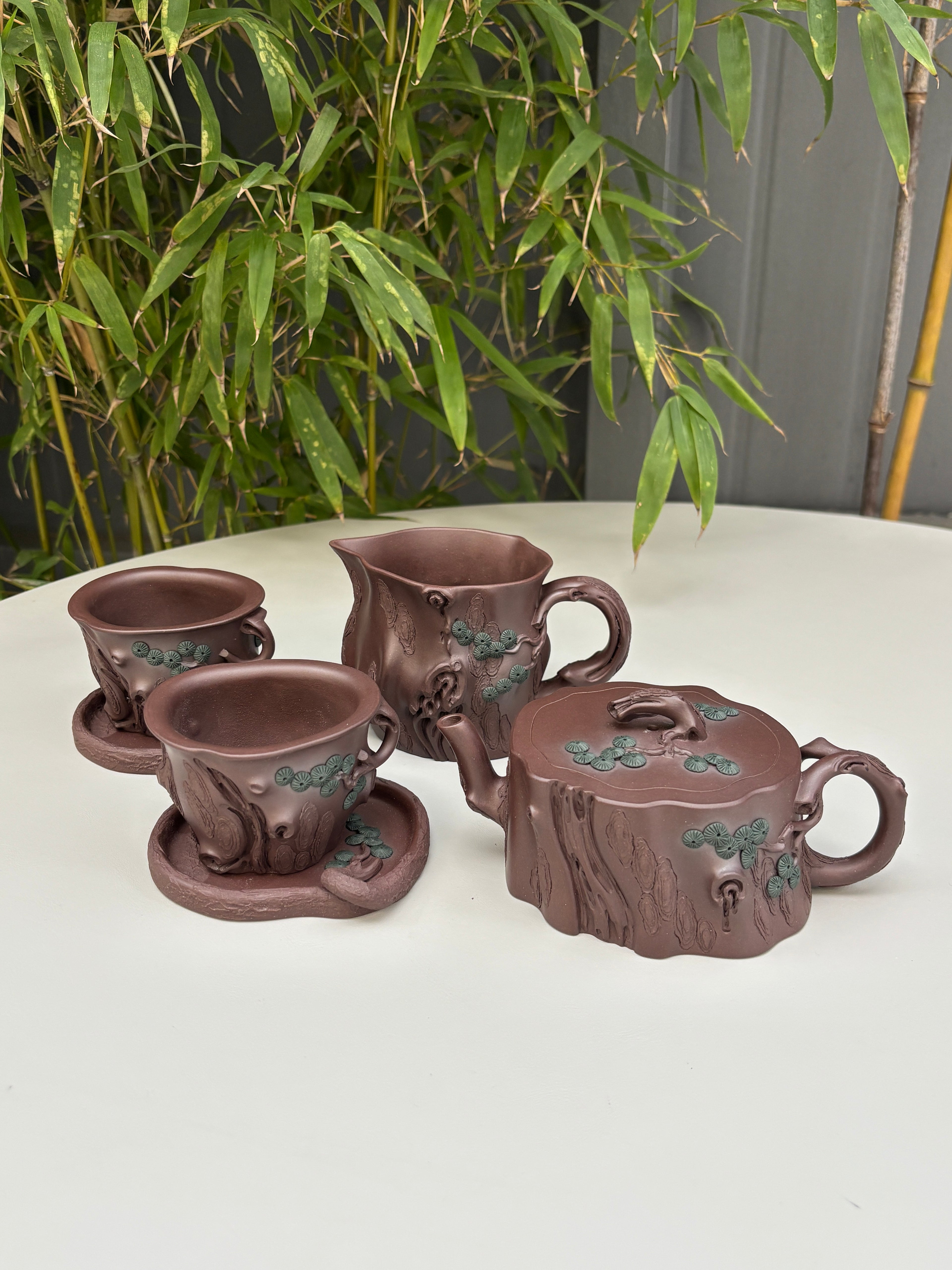 紫砂臻品·礼藏首选｜周建春大师扛鼎之作《双色松桩组壶》原矿优质老紫泥·220cc