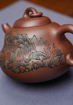 紫砂界彩刻山水标杆·李峰大师｜恭王府馆藏臻品《葫芦壶》礼藏双绝传世重器！  ——原矿优质底槽清·220cc