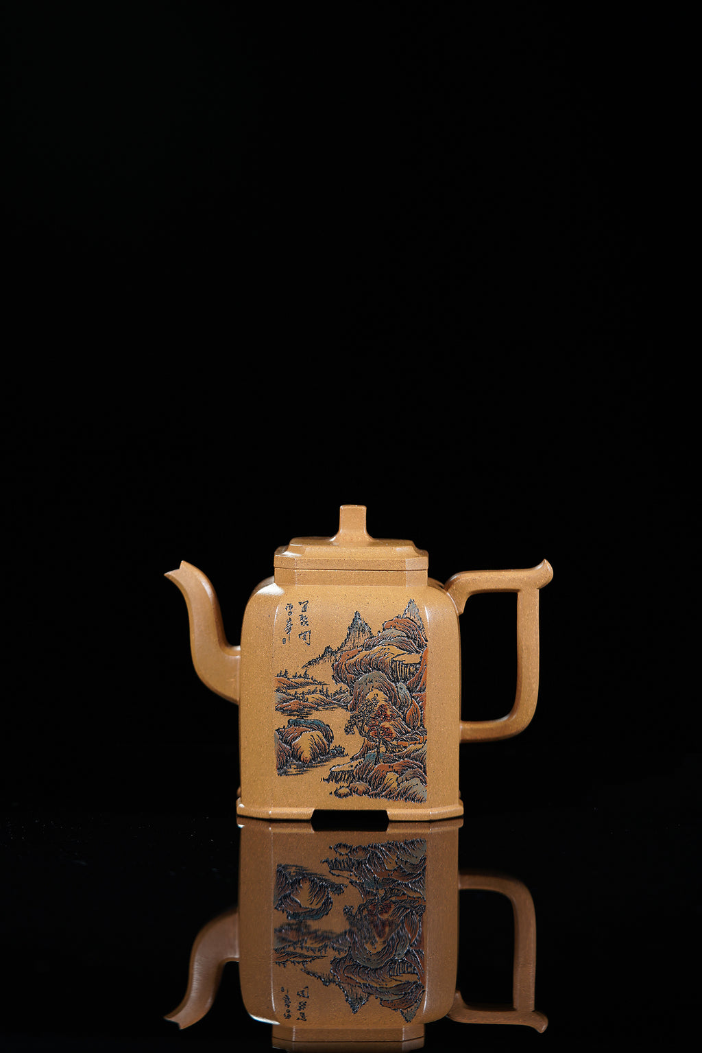 紫砂界彩刻山水第一人·李峰巅峰臻品大拍18万《福鼎八方壶》——原矿优质老段泥·420cc ——著名紫砂彩刻艺术家·李峰亲工