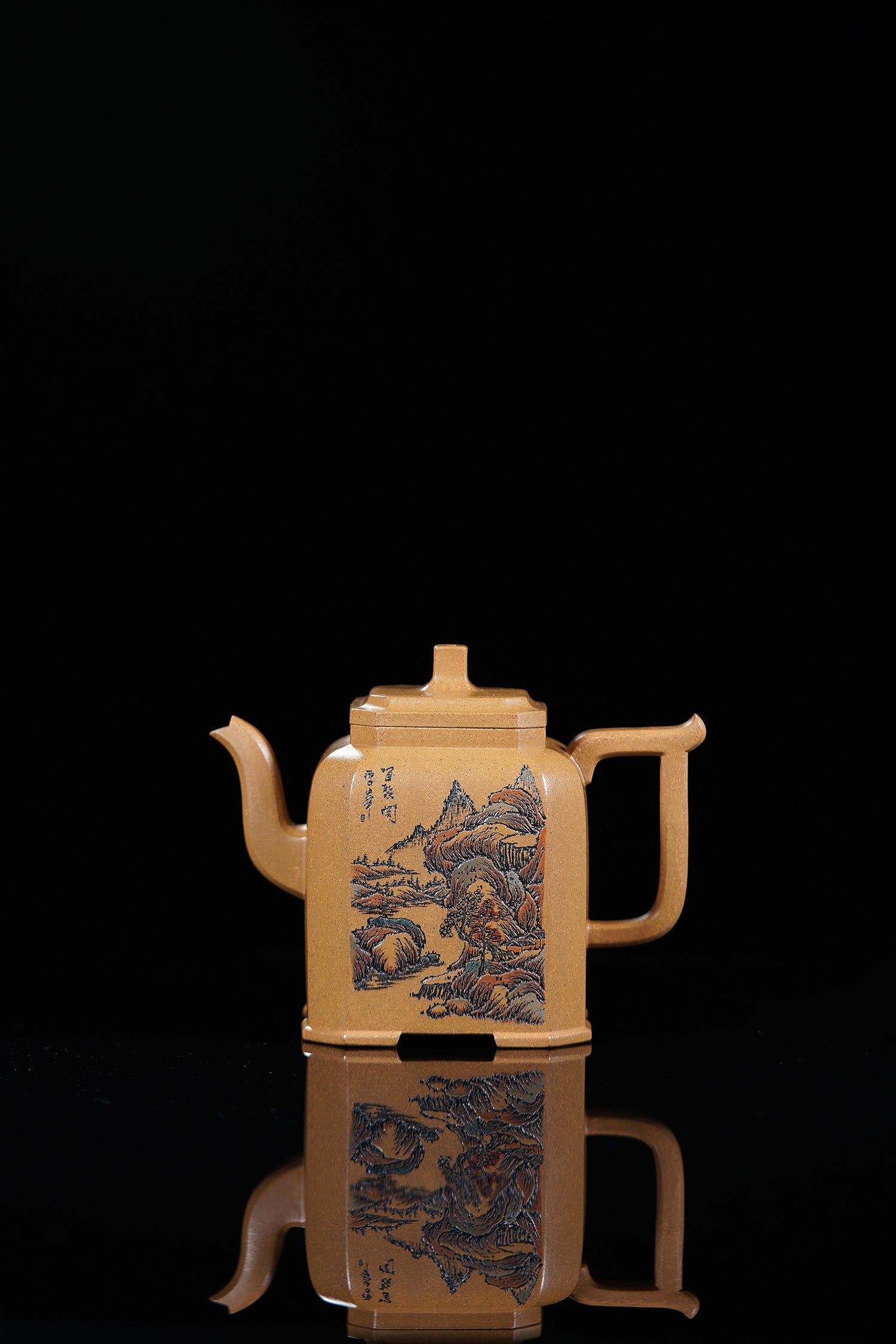 紫砂界彩刻山水第一人·李峰巅峰臻品大拍18万《福鼎八方壶》——原矿优质老段泥·420cc ——著名紫砂彩刻艺术家·李峰亲工