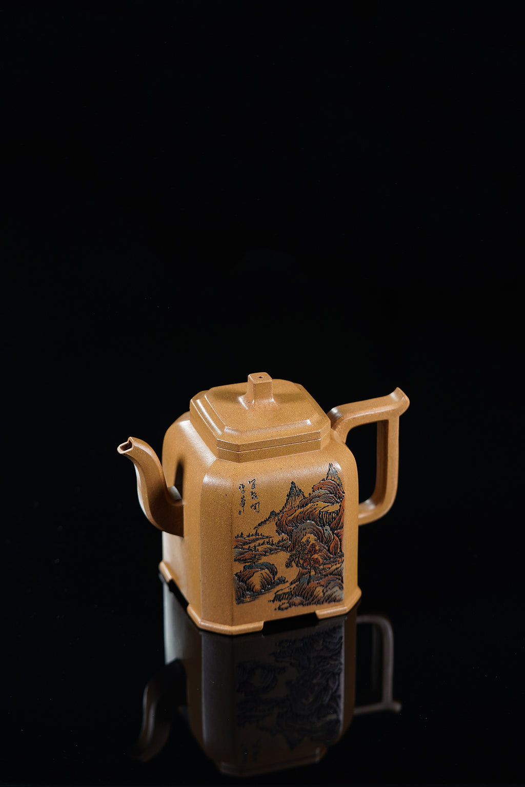 紫砂界彩刻山水第一人·李峰巅峰臻品大拍18万《福鼎八方壶》——原矿优质老段泥·420cc ——著名紫砂彩刻艺术家·李峰亲工