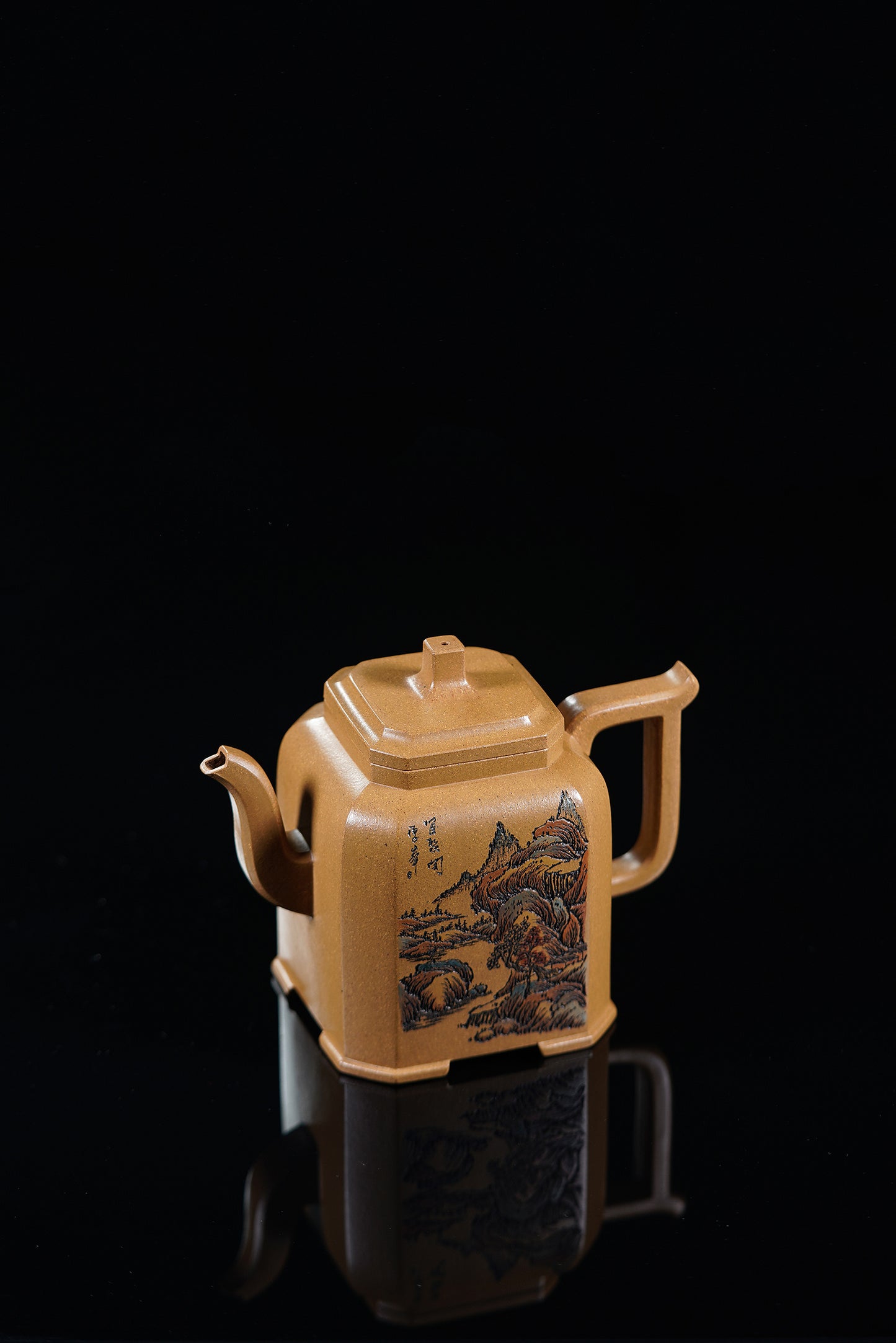 紫砂界彩刻山水第一人·李峰巅峰臻品大拍18万《福鼎八方壶》——原矿优质老段泥·420cc ——著名紫砂彩刻艺术家·李峰亲工