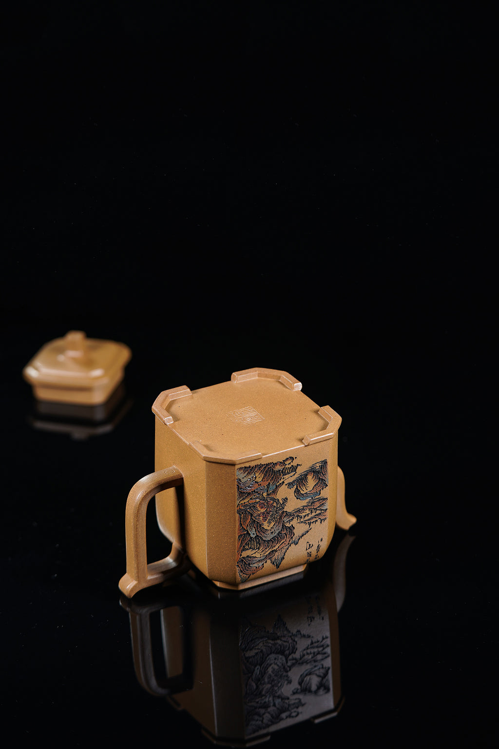 紫砂界彩刻山水第一人·李峰巅峰臻品大拍18万《福鼎八方壶》——原矿优质老段泥·420cc ——著名紫砂彩刻艺术家·李峰亲工