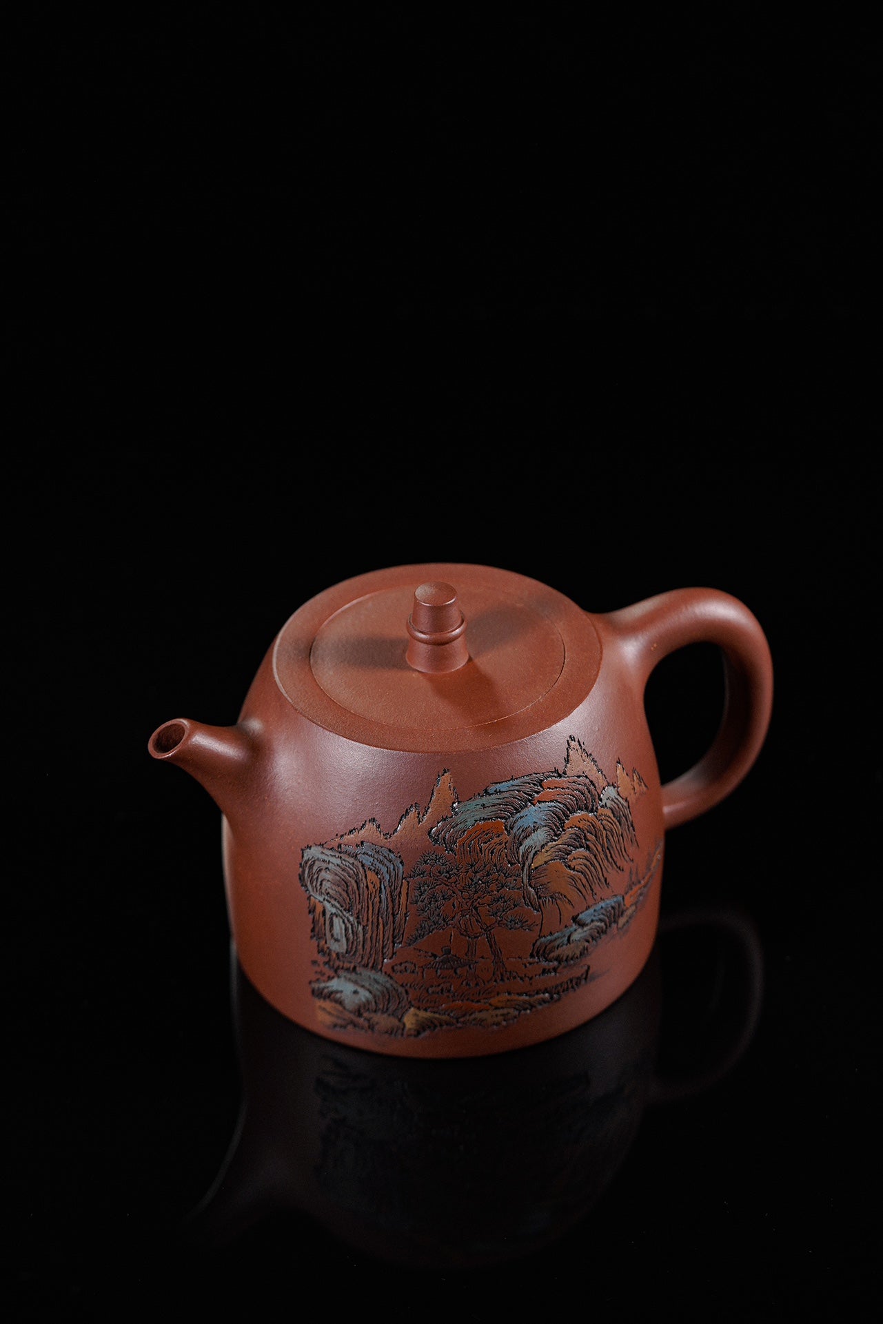 紫砂界彩刻山水第一人·李峰巅峰臻品《大汉铎壶》——原矿优质底槽清·500cc ——著名紫砂彩刻艺术家·李峰亲工