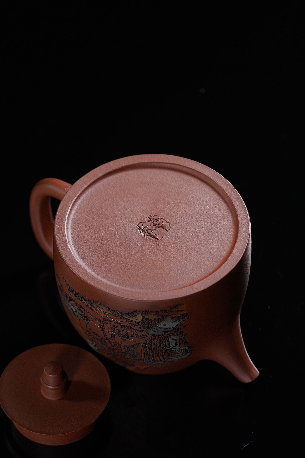 紫砂界彩刻山水第一人·李峰巅峰臻品《大汉铎壶》——原矿优质底槽清·500cc ——著名紫砂彩刻艺术家·李峰亲工