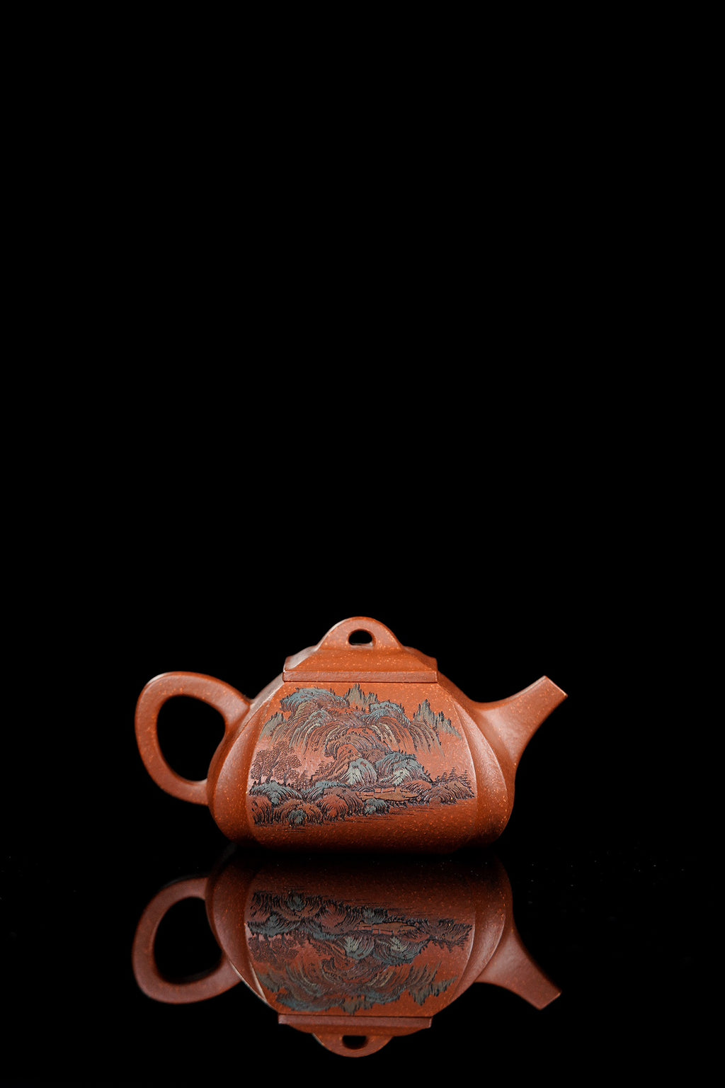 紫砂界彩刻山水第一人·李峰巅峰臻品《抽角石瓢》——原矿优质紫泥调砂·350cc ——著名紫砂彩刻艺术家·李峰亲工