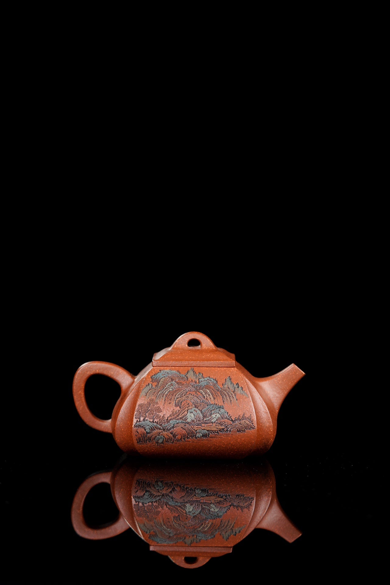 紫砂界彩刻山水第一人·李峰巅峰臻品《抽角石瓢》——原矿优质紫泥调砂·350cc ——著名紫砂彩刻艺术家·李峰亲工