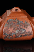 紫砂界彩刻山水第一人·李峰巅峰臻品《抽角石瓢》——原矿优质紫泥调砂·350cc ——著名紫砂彩刻艺术家·李峰亲工