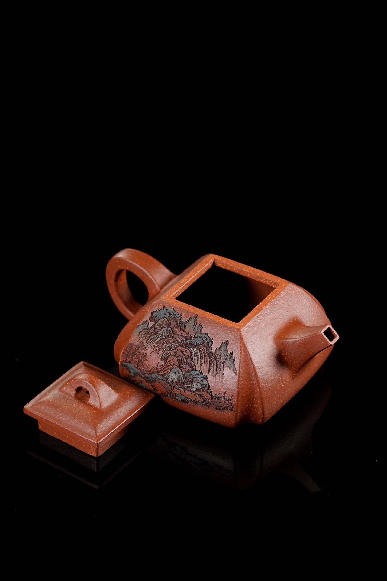 紫砂界彩刻山水第一人·李峰巅峰臻品《抽角石瓢》——原矿优质紫泥调砂·350cc ——著名紫砂彩刻艺术家·李峰亲工