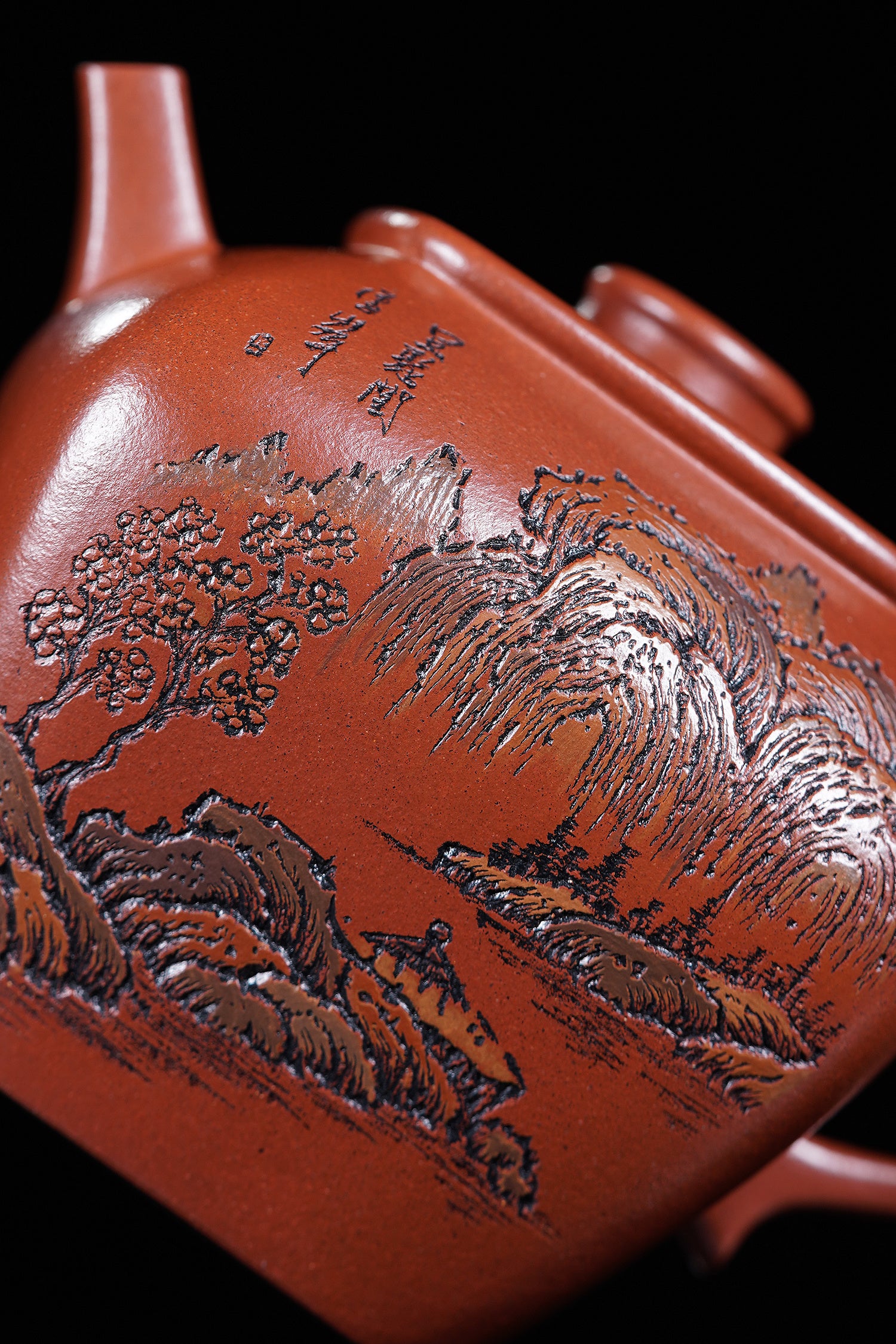 紫砂界彩刻山水第一人·李峰巅峰臻品《巨轮珠壶》——原矿优质底槽清·160cc ——著名紫砂彩刻艺术家·李峰亲工