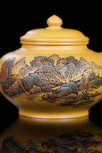 紫砂界彩刻山水第一人·李峰巅峰臻品《笑樱壶》——原矿优质黄金段·280cc ——著名紫砂彩刻艺术家·李峰亲工