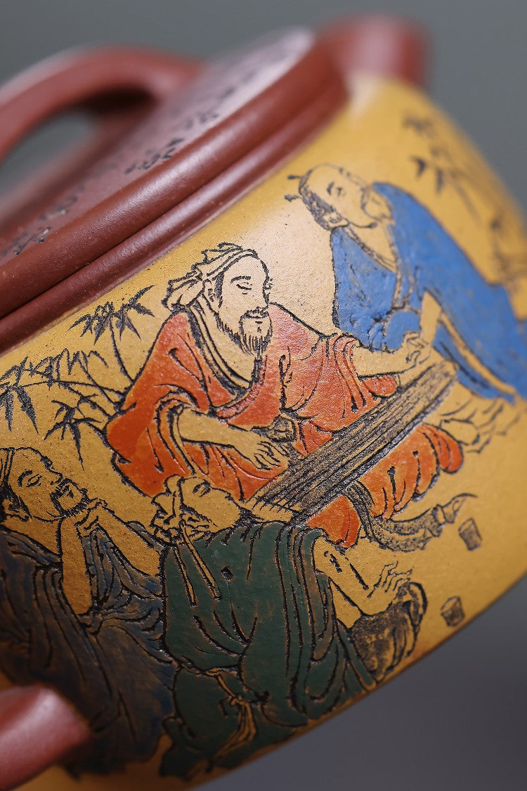东盟紫砂行业领军人物新作代表作【竹林七贤】_陶刻圣手—国礼艺术家(高级)（储国峰）_____原矿紫泥粉黄金段泥 220cc