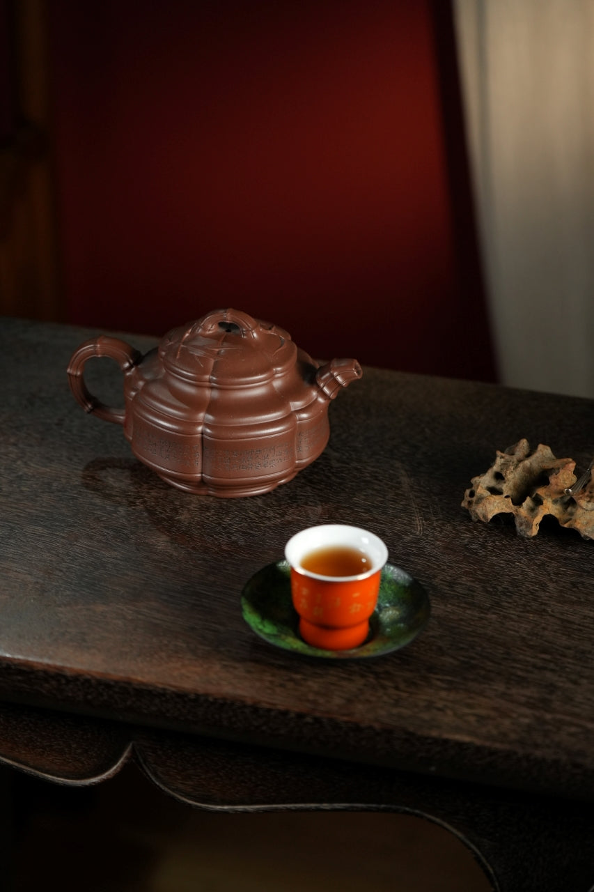 范大生嫡脉·江苏省大师范秀芳·紫砂臻品《六方隐角竹鼓壶》 ——原矿优质底槽清·300cc（入册款代表作）