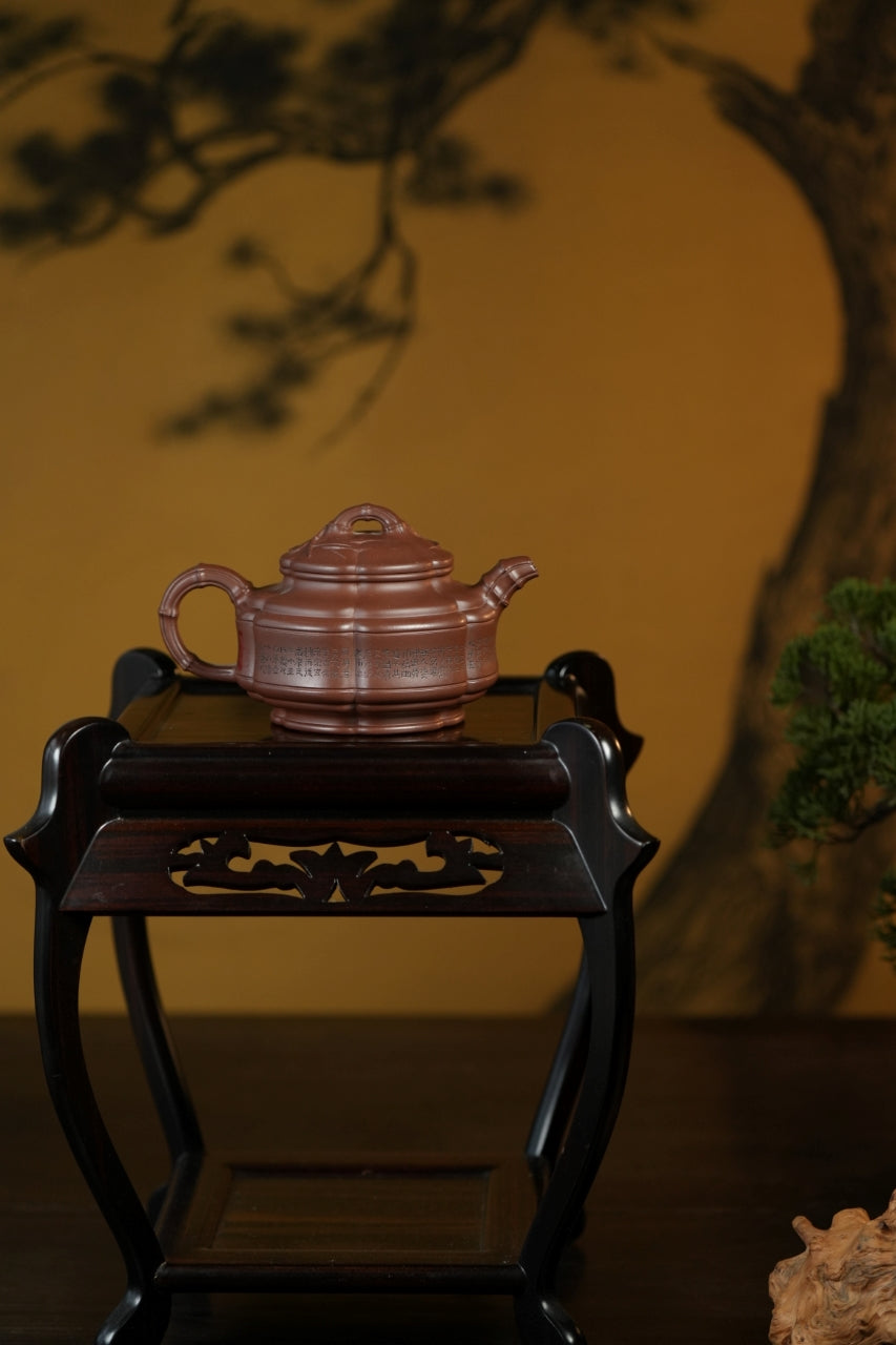 范大生嫡脉·江苏省大师范秀芳·紫砂臻品《六方隐角竹鼓壶》 ——原矿优质底槽清·300cc（入册款代表作）