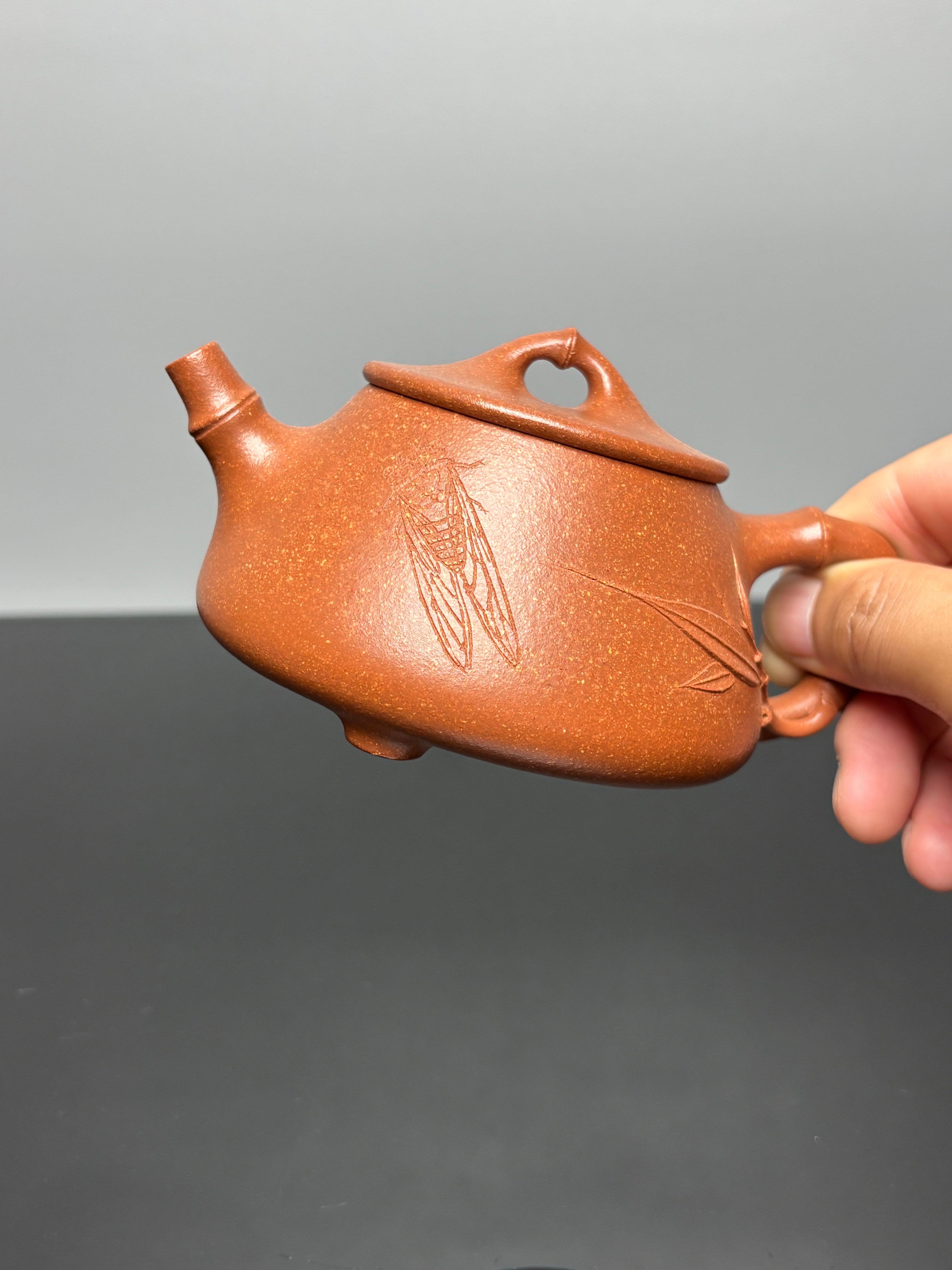 范泽锋大师高徒·省大师邱爽紫砂潜力重器【竹节平盖石瓢壶】——原矿优质金降坡·220cc——国大师邱玉林·装饰·知足常乐