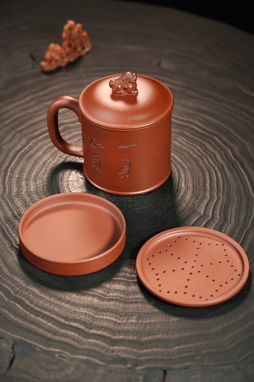 五件套【盖杯/办公杯】 原矿极品紫泥·470cc（满）  国家级工艺美术师-沈杰：刻绘装饰 钟馗·一生正气