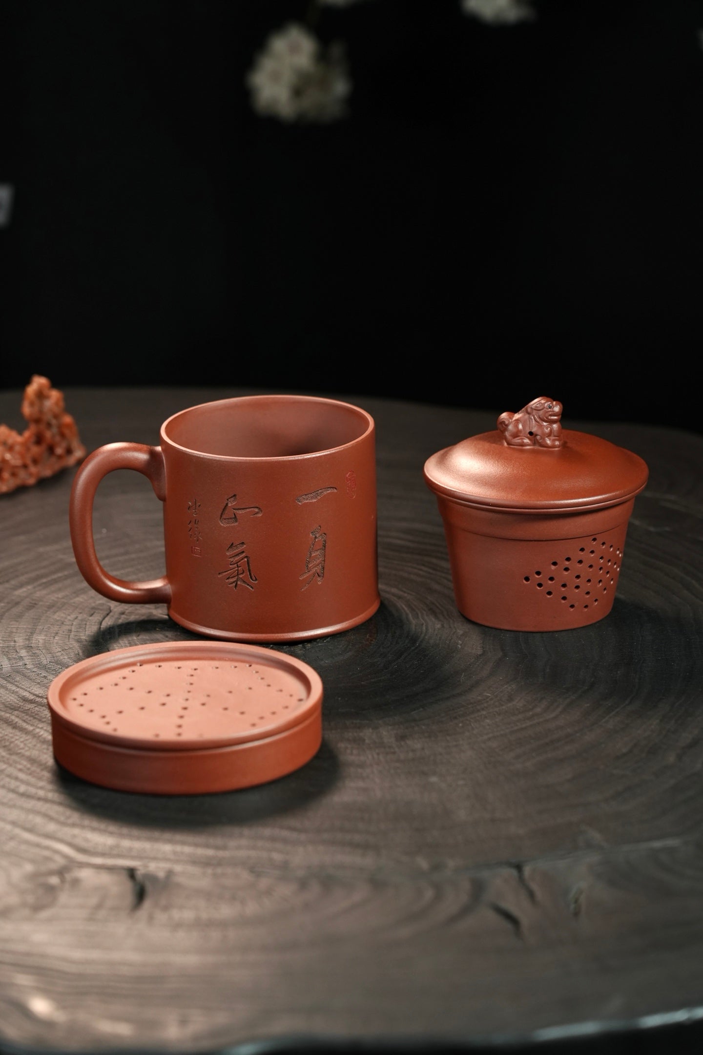 五件套【盖杯/办公杯】 原矿极品紫泥·470cc（满）  国家级工艺美术师-沈杰：刻绘装饰 钟馗·一生正气