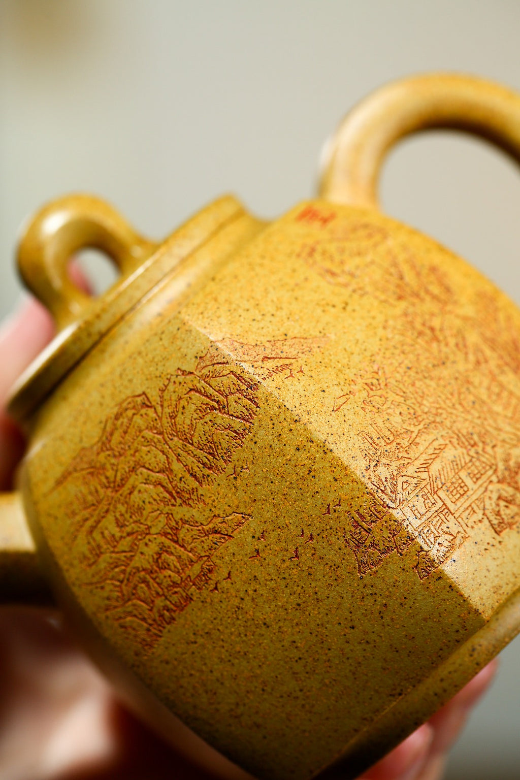 紫砂藏品｜高级工艺美术师·许时娟制【六方青玉壶】原矿优质黄金段·300cc