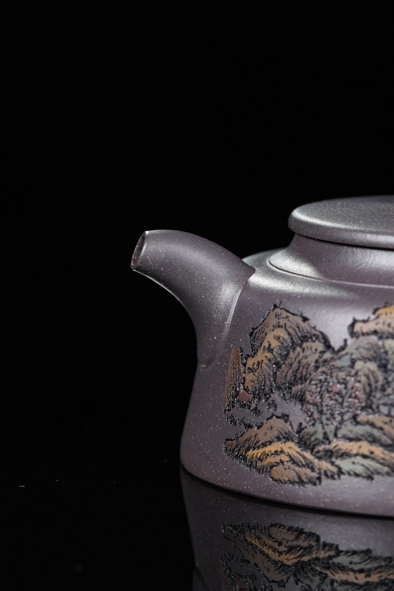 彩刻江山 礼藏之巅｜紫砂界彩刻山水第一人·李峰巅峰臻品《周盘壶》——原矿优质天青泥·260cc ——著名紫砂彩刻艺术家·李峰亲工