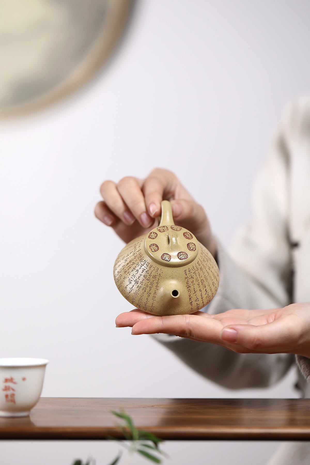 郑求标大师｜双心经至尊禅意臻品【心经石瓢】——原矿优质本山绿泥·120cc ——紫砂心经刻绘大师·郑求标 恭刻 - ZishaTeapotChina