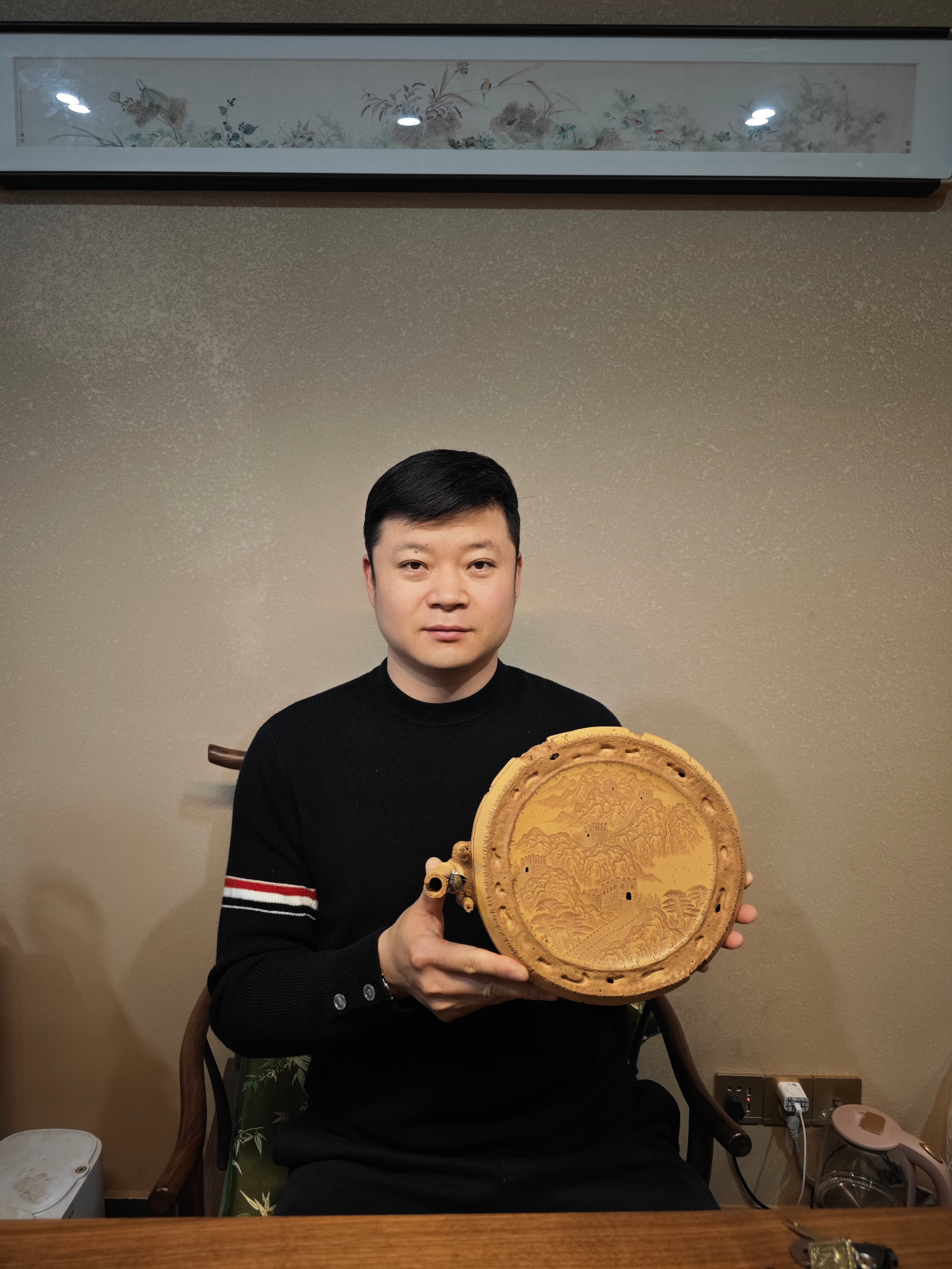 陈真藏品·匠心独运 紫砂界原创花器佼佼者佳作+原创专利+最佳设计奖《竹报平安》储水式茶盘 原矿优质黄金段泥，直径24cm，高6.5cm