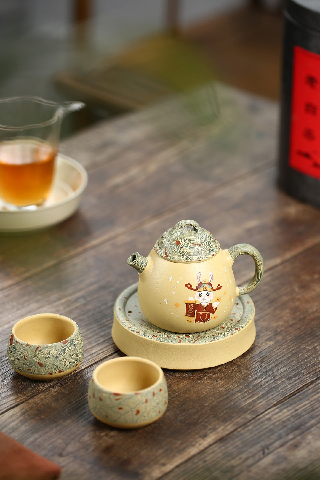 《前兔无量茶具》（四件套） 国家级工艺美术师 &nbsp;鲍玉华 原矿本山绿泥，210cc，口杯60cc