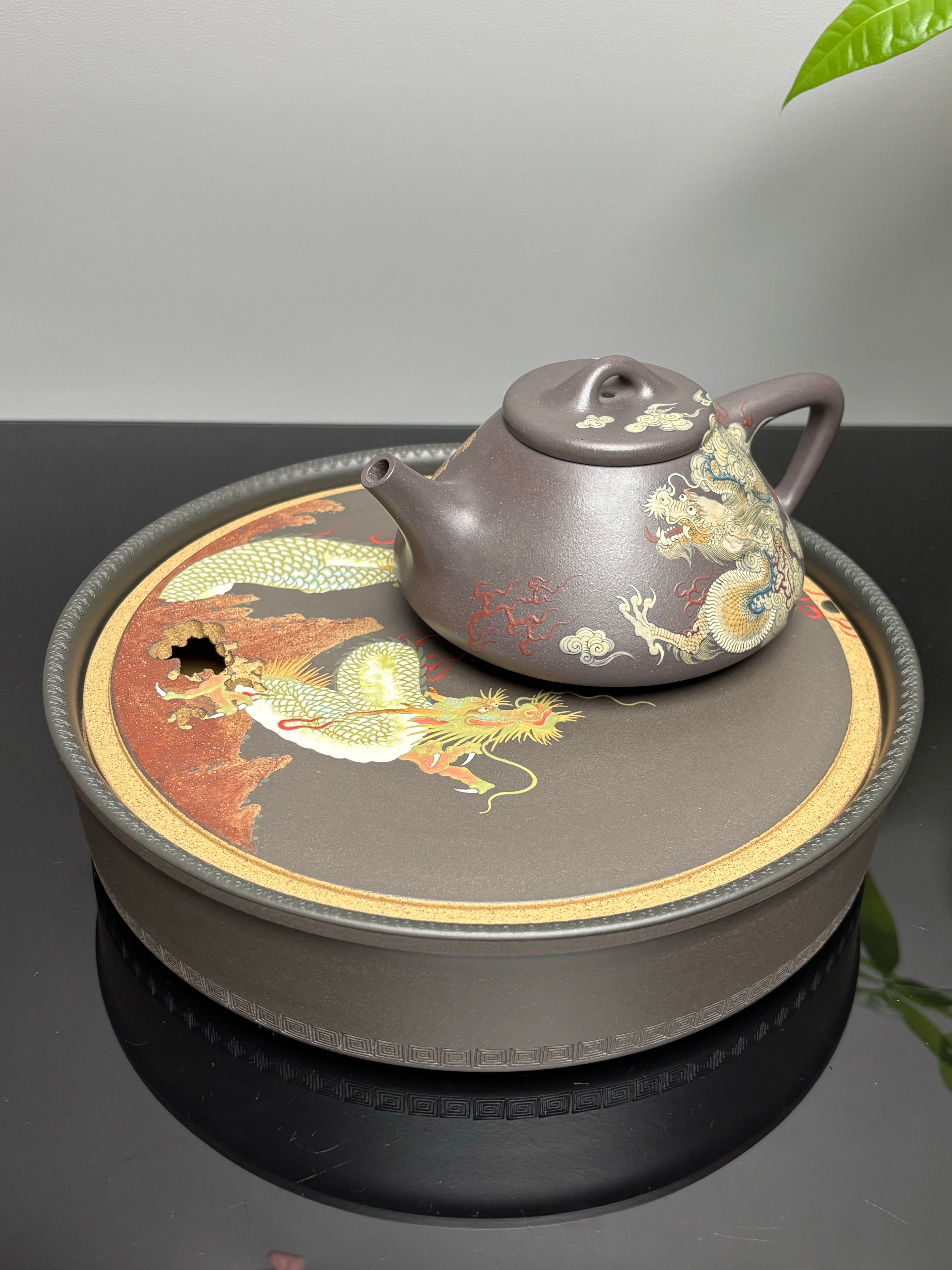 金强泥绘 礼藏巅峰｜子冶石瓢壶｜杜益君全手工制·李金强巧夺天工泥绘｜双师合璧·极具收藏传世·潜力孤品重器👍  ——原矿优质天青泥·330cc