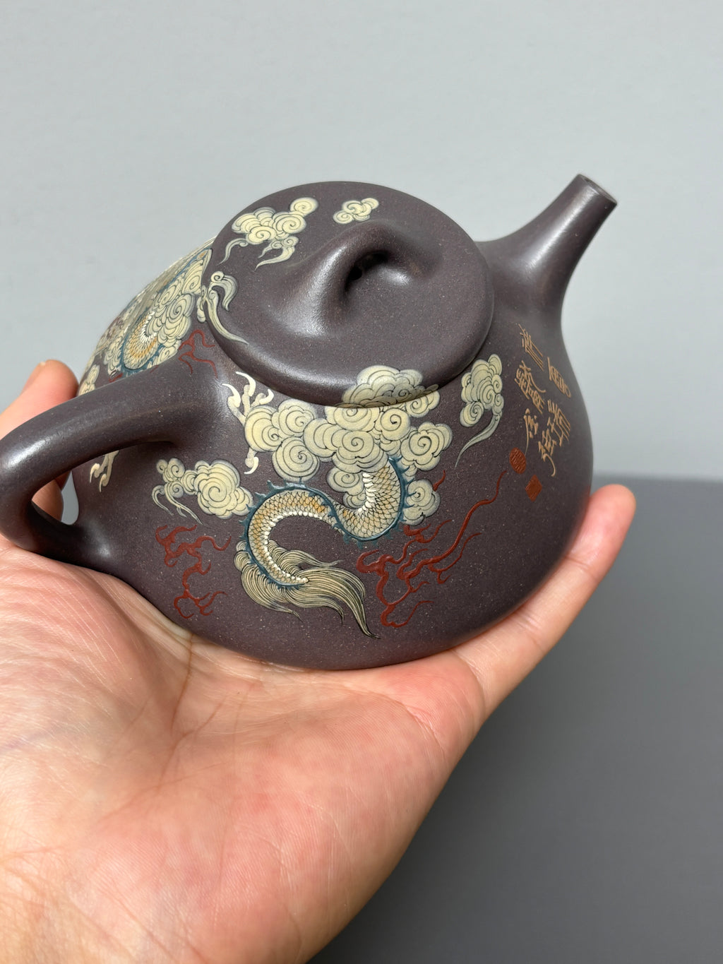 金强泥绘 礼藏巅峰｜子冶石瓢壶｜杜益君全手工制·李金强巧夺天工泥绘｜双师合璧·极具收藏传世·潜力孤品重器👍  ——原矿优质天青泥·330cc