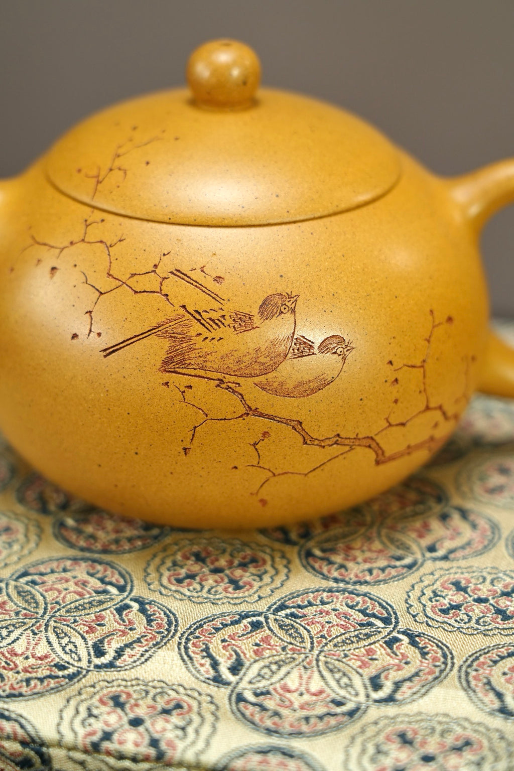 『西施』260cc 老宕口高温黄金段·内推14孔  花鸟刻绘，灵秀，传神，高温烧制，泥料质感独特，老味十足，泡养使用感非常出彩