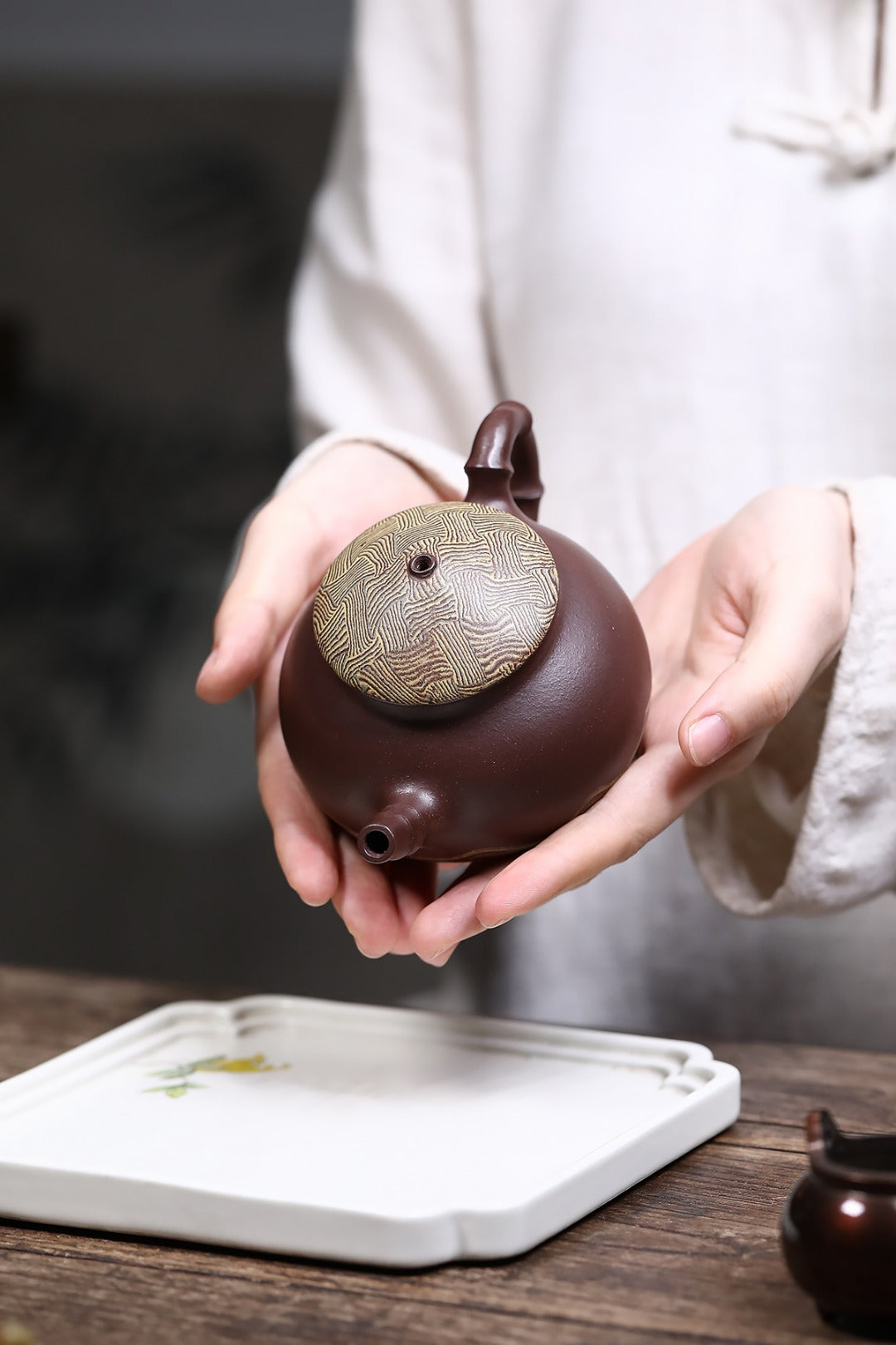 《渔翁套组》 国家级工艺美术师 鲍玉华 原矿鲍氏家藏老紫泥，260cc，菱形9孔出水